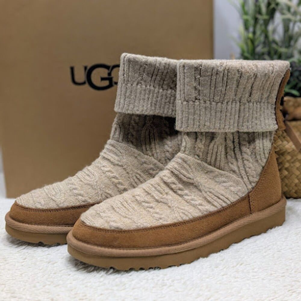 UGG Natural Chestnut Classic Mini Cabelle Knit Suede Leather Boots Women's 8 NIB - Picture 2 of 14